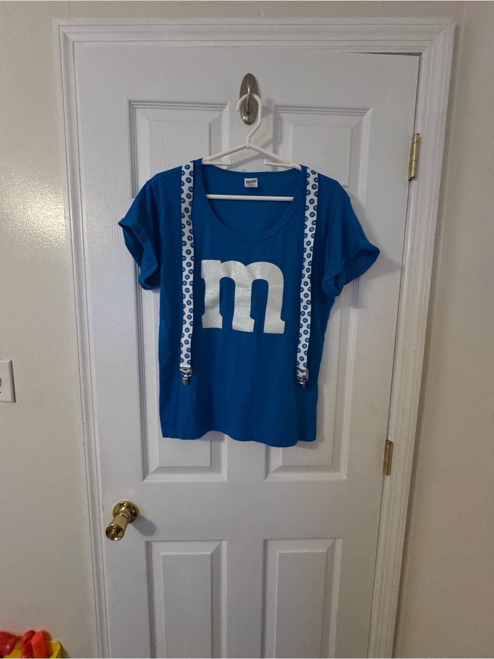 M&M'S Blue Short Sleeve Tee with White M and matching Suspenders